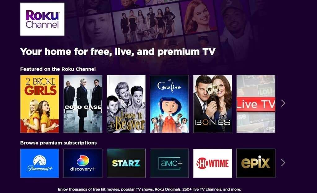 Skærmbillede af Roku hjemmeside.