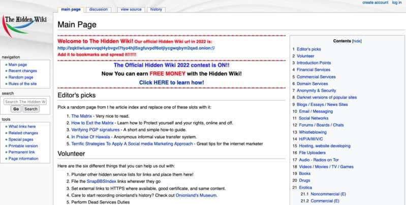 Et skærmbillede af The Hidden Wiki-hjemmesiden.