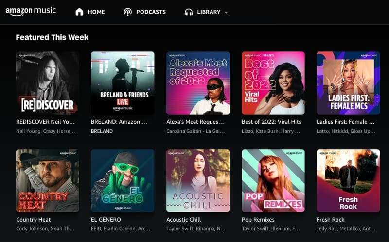 Skærmbillede af Amazon Music hjemmeside