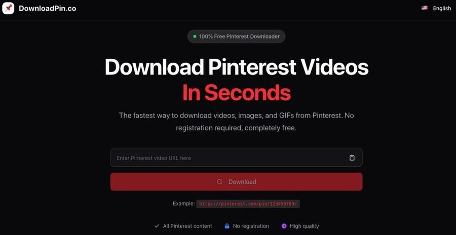 Sådan downloader du enhver video fra internettet: 18 gratis metoder 7 Skærmbillede af DownloadPin.co's forside med overskriften 'Download Pinterest Videos In Seconds', et indtastningsfelt til video-URL'er og en rød download-knap på en mørk baggrund.