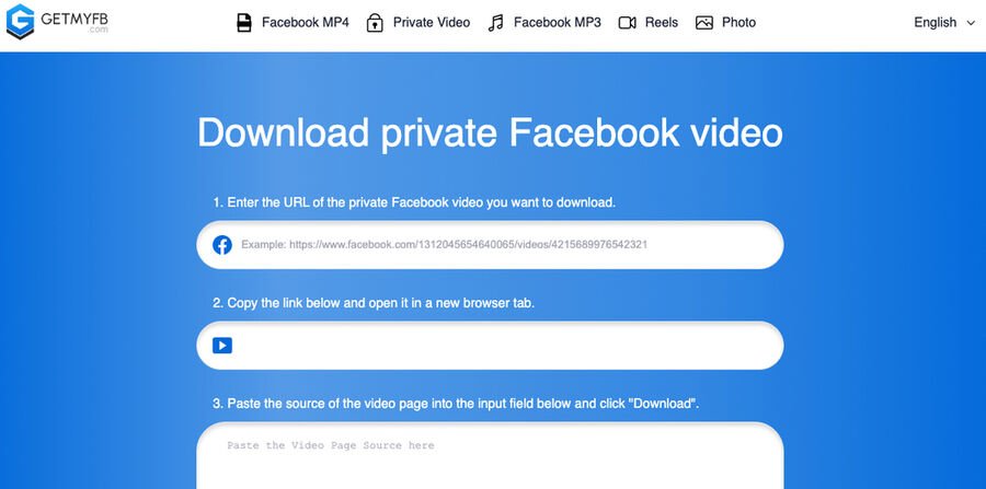 Sådan downloader du private Facebook-videoer 5 Skærmbillede af GetMyFB hjemmeside, der viser trin til at downloade private Facebook-videoer med URL-indtastning og download-knap.