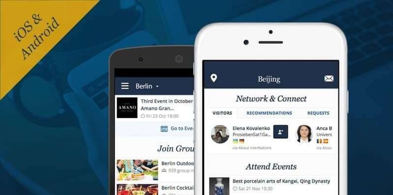 InterNations-appen vist på både Android- og iOS-telefoner med oversigt over grupper, begivenheder og netværksmuligheder i forskellige byer.