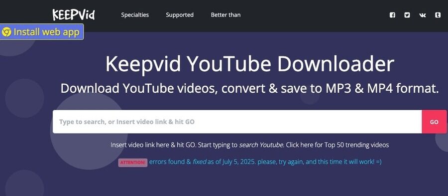 Sådan downloader du enhver video fra internettet: 18 gratis metoder 10 Skærmbillede af Keepvid YouTube Downloader med søgefelt til videolinks og mulighed for at downloade og konvertere til MP3 og MP4.