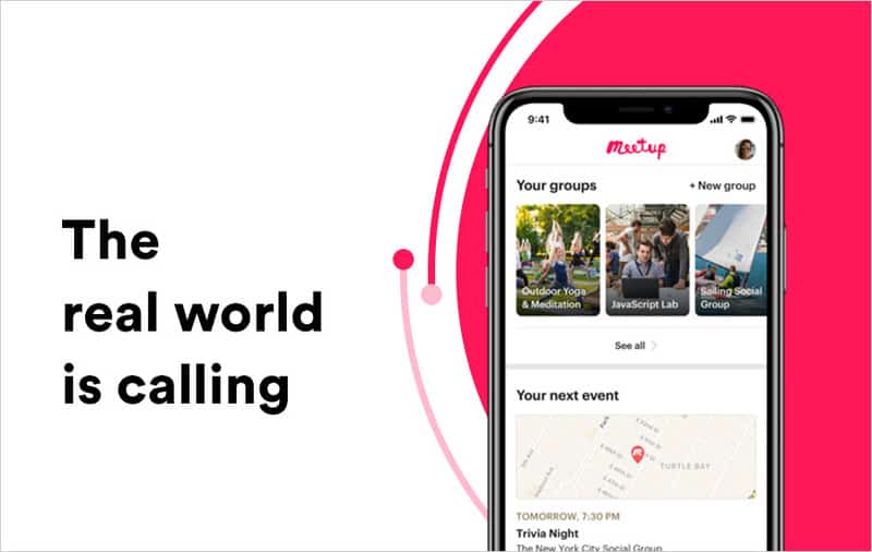 Smartphone med Meetup-appen, tekst 'The real world is calling' til venstre og eksempler på grupper og begivenheder på skærmen.
