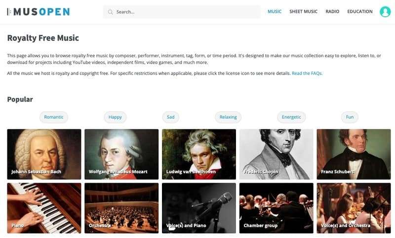 Skærmbillede af Musopen hjemmeside