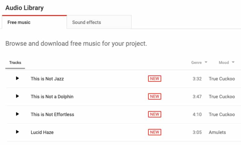 Skærmbillede af YouTube Audio Library hjemmeside