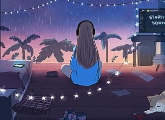 En pige med hovedtelefoner på