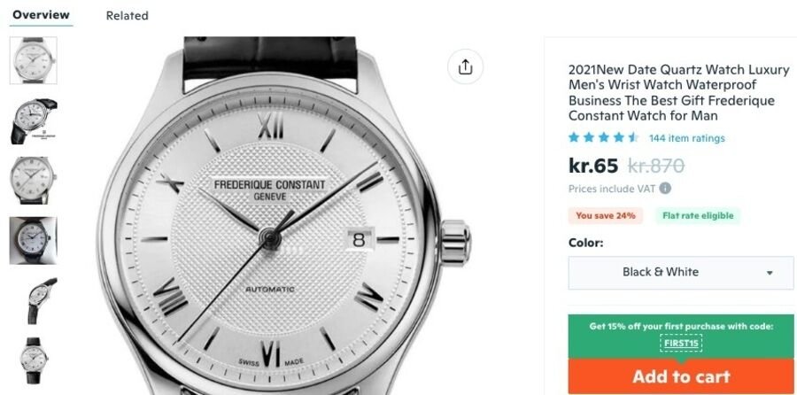 Hvad er Wish? Er Wish legitimt, sikkert og pålideligt til shopping? 2 Kvarts-ur fra Wish webshop, skærmbillede