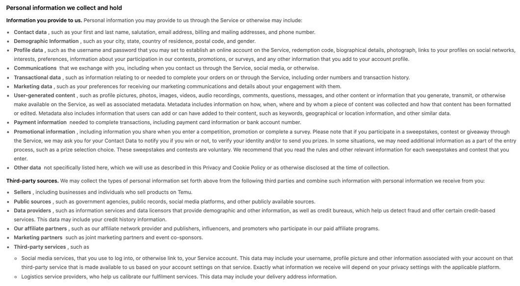 6 Temu-fiduser, du bør være opmærksom på 5 Skærmbillede af Temus privatlivspolitik