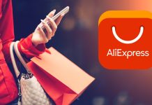 Pige med indkøb og AliExpress-logo i baggrunden