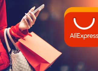 Pige med indkøb og AliExpress-logo i baggrunden