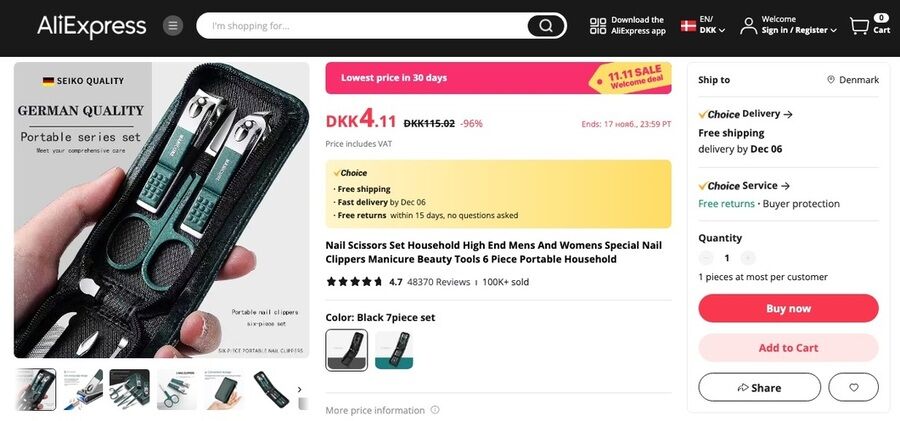 AliExpress-skærmbillede af manicuresættets salgsside