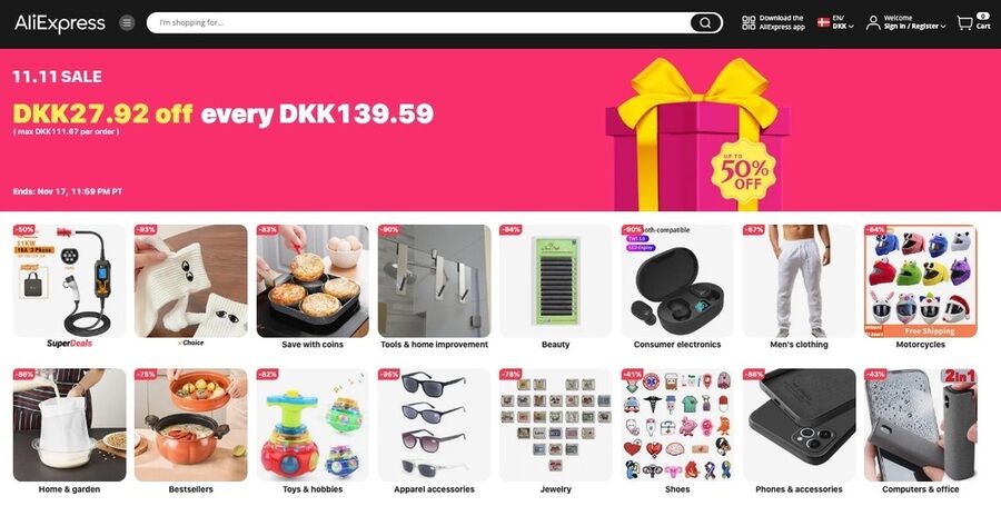 AliExpress-skærmbillede af udsalgssiden den 11/11