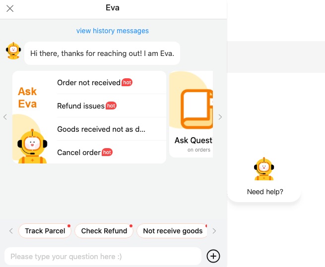 Skærmbillede af AliExpress EVA - support