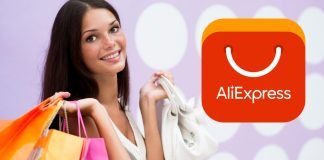 Pige med indkøb og AliExpress-logo i baggrunden