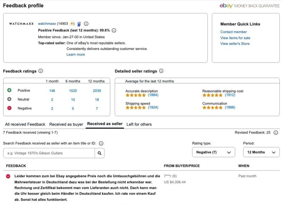 8 tips til at tjekke, om en eBay-sælger er legitim 2 Skærmbillede af eBay Feedback profile for WatchMaxx