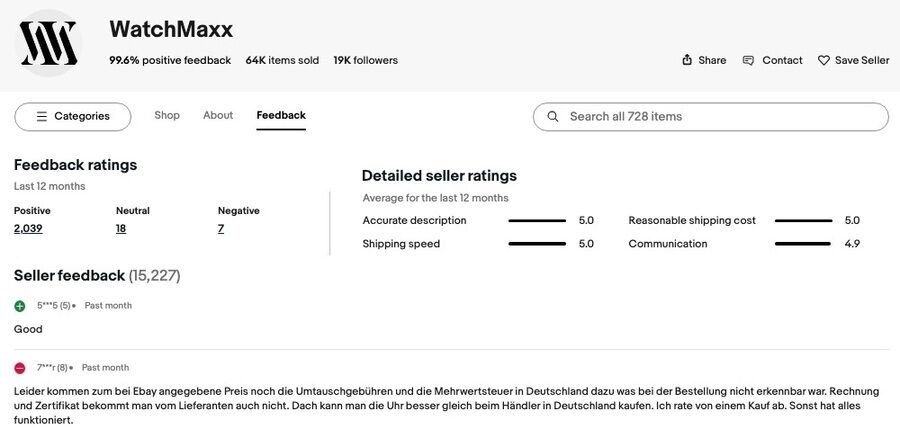 8 tips til at tjekke, om en eBay-sælger er legitim 1 Skærmbillede af eBay Feedback ratings for WatchMaxx
