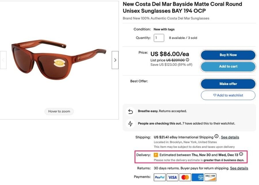 8 tips til at tjekke, om en eBay-sælger er legitim 4 eBay skærmbillede af produktkortet for brillerne