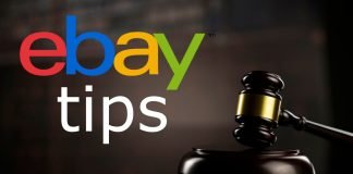 Auktionshammer og ebay-logo i baggrunden med teksten "TIPS