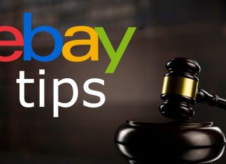 8 tips til at tjekke, om en eBay-sælger er legitim Auktionshammer og ebay-logo i baggrunden med teksten "TIPS
