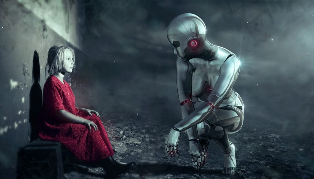 Robotten knæler ned for at se på den lille pige i den røde kjole.