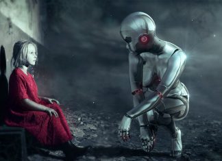 Robotten knæler ned for at se på den lille pige i den røde kjole.