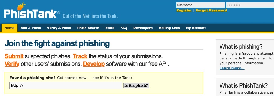 8 effektive sider, der lader dig tjekke, om et link er sikkert 2 Skærmbillede af phishtank.com hovedsiden