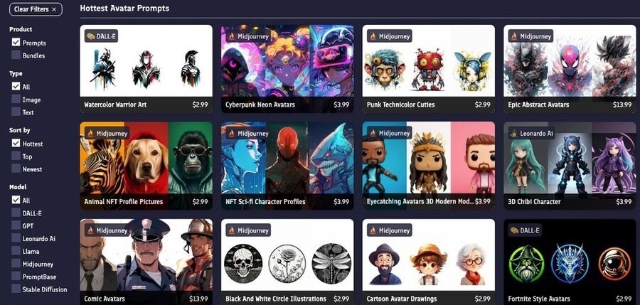 Skærmbillede af søgeresultatsiden på promptbase.com