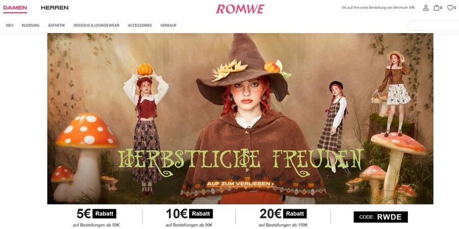 Skærmbillede af romwe.com webside