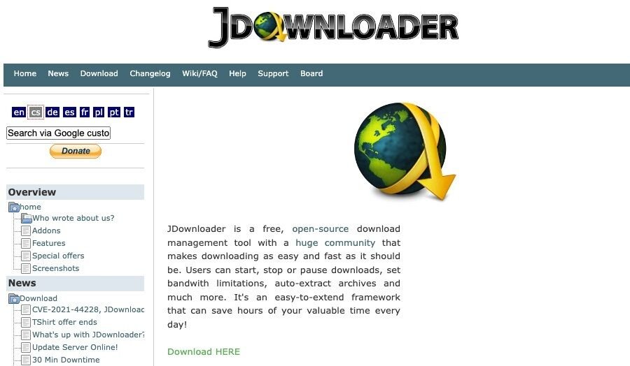 Skærmbillede af jdownloader hjemmeside