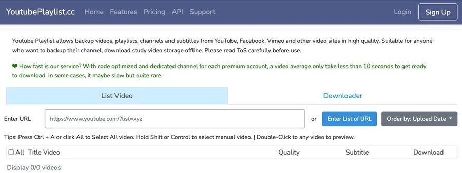 Skærmbillede af youtubeplaylist  hjemmeside