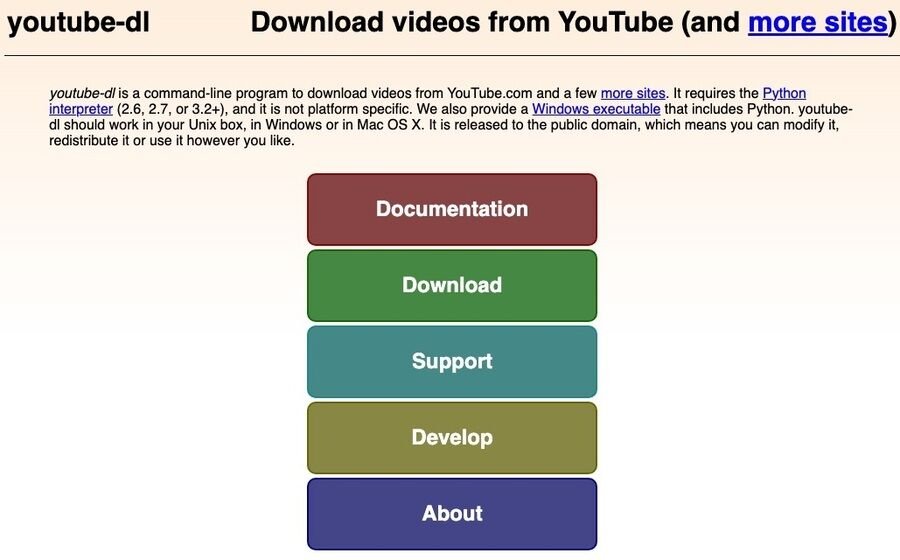 Skærmbillede af ytdl-org hjemmeside