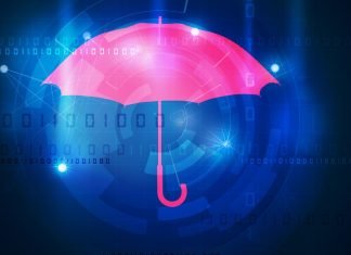 Collage: Paraply, der beskytter computere mod virus