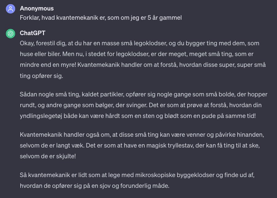 Screenshot af Chat GPT's svar på spørgsmålet: Forklar, hvad kvantemekanik er, som om jeg er 5 år gammel