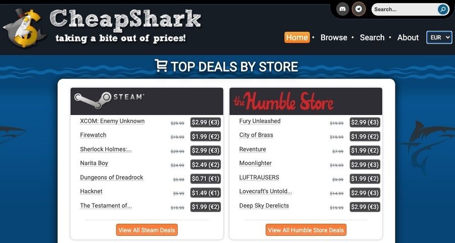 Et skærmbillede af cheapshark hjemmesiden