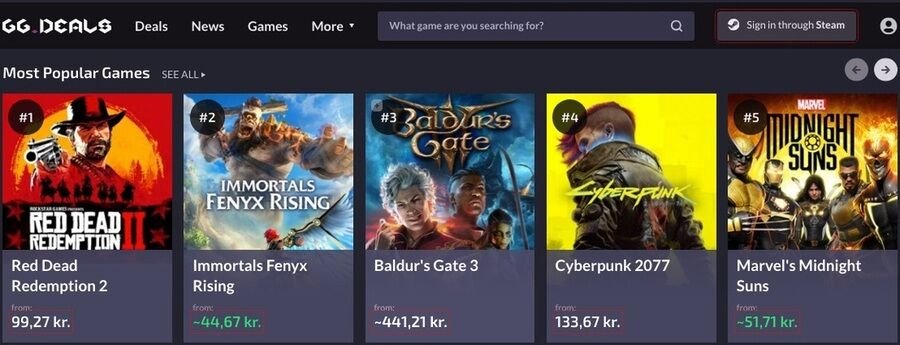 Et skærmbillede af gg deals hjemmesiden