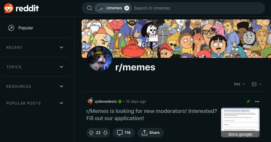 Et skærmbillede af r/memes webpage