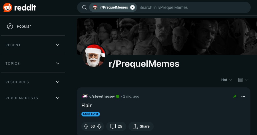 Et skærmbillede af r/PrequelMemes webpage