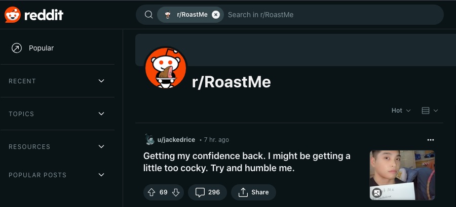 Et skærmbillede af r/RoastMe webpage