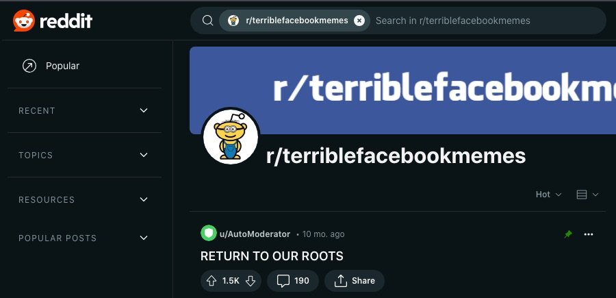 Et skærmbillede af r/terriblefacebookmemes webpage