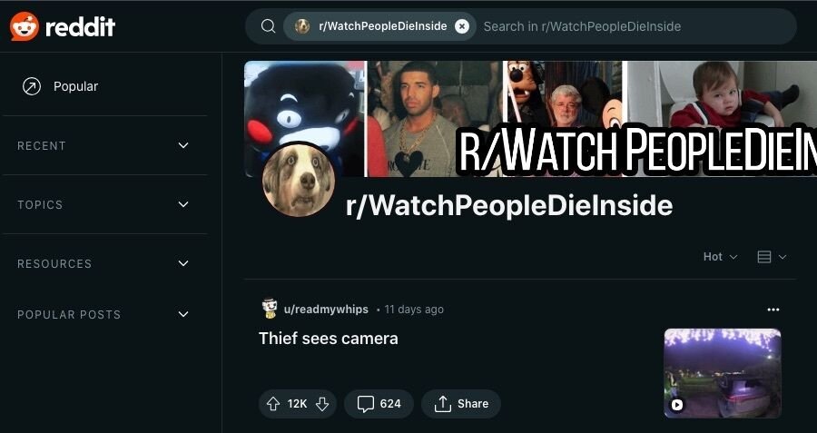 Et skærmbillede af r/WatchPeopleDieInside webpage