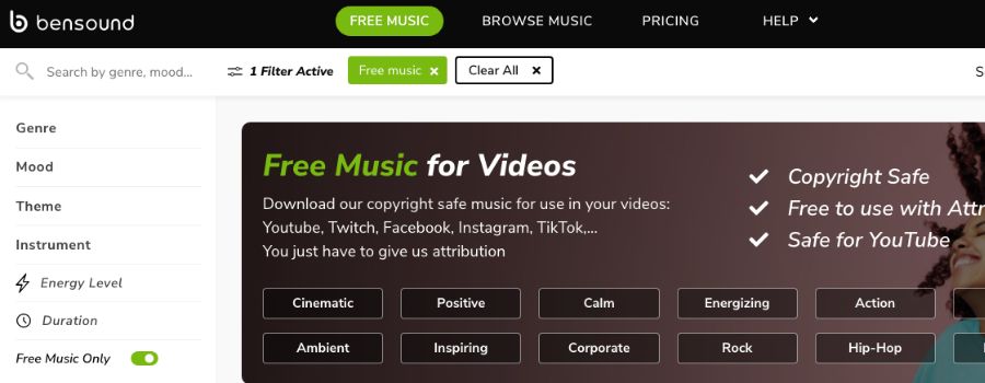 Skærmbillede af  Bensound hjemmeside