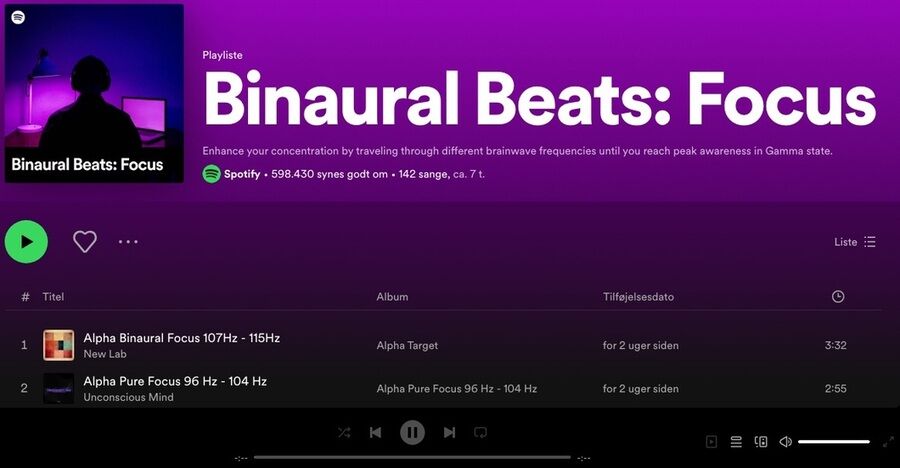 Screenshot af spillelisten Binaurale Beats: Focus på Spotify