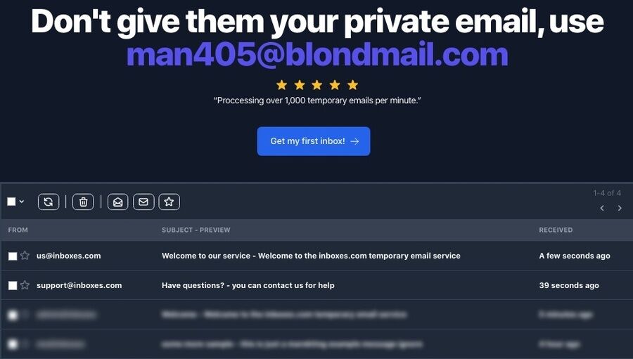 5 praktiske apps til hurtig midlertidig e-mailadresse for engangsbrug 1 Skærmbillede af inboxes hjemmeside