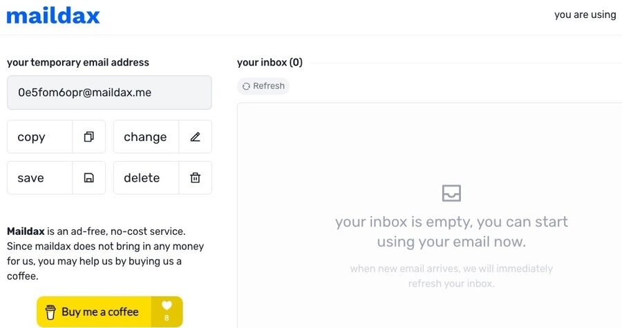 5 praktiske apps til hurtig midlertidig e-mailadresse for engangsbrug 4 Skærmbillede af maildax.com hjemmeside
