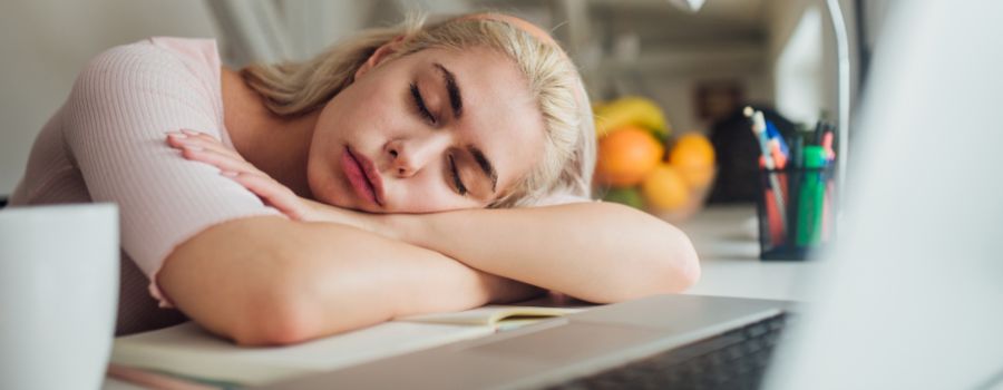 Pigen sover på skrivebordet ved siden af den bærbare computer.