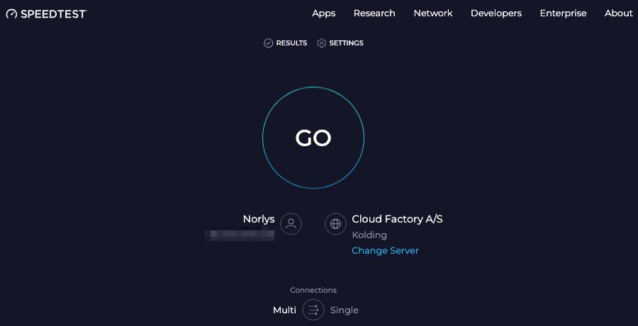 De 2 bedste hjemmesider til at teste din internethastighed gratis 1 Skærmbillede af Speedtest hjemmeside