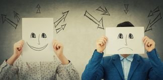 To fyre holder smileys tegnet på et stykke hvidt papir foran deres ansigter. Den venstre har en glad smiley, den højre en trist
