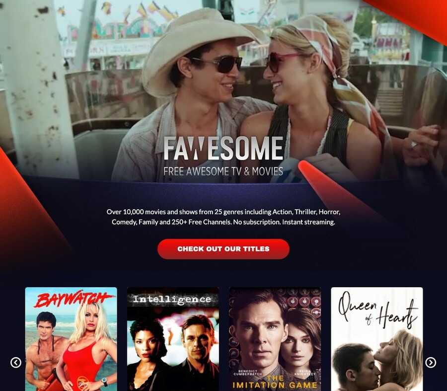 Skærmbillede af Fawesome TV hjemmeside.