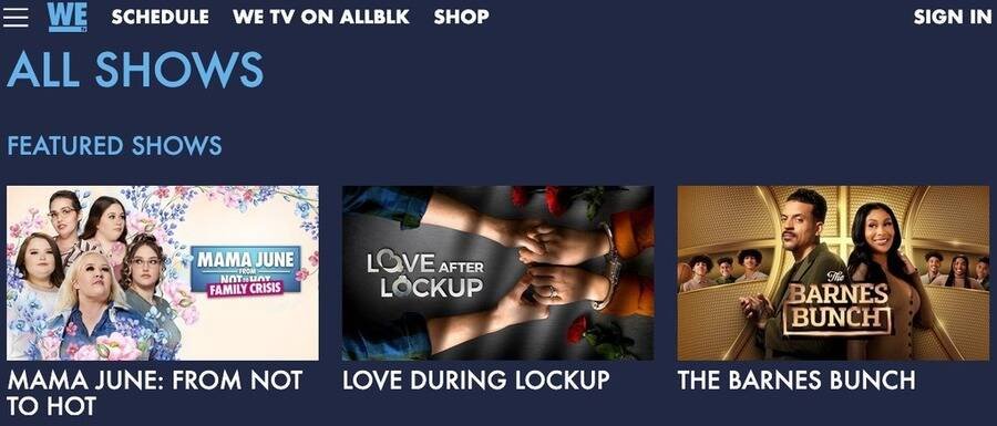 Skærmbillede af WETV TV hjemmeside.